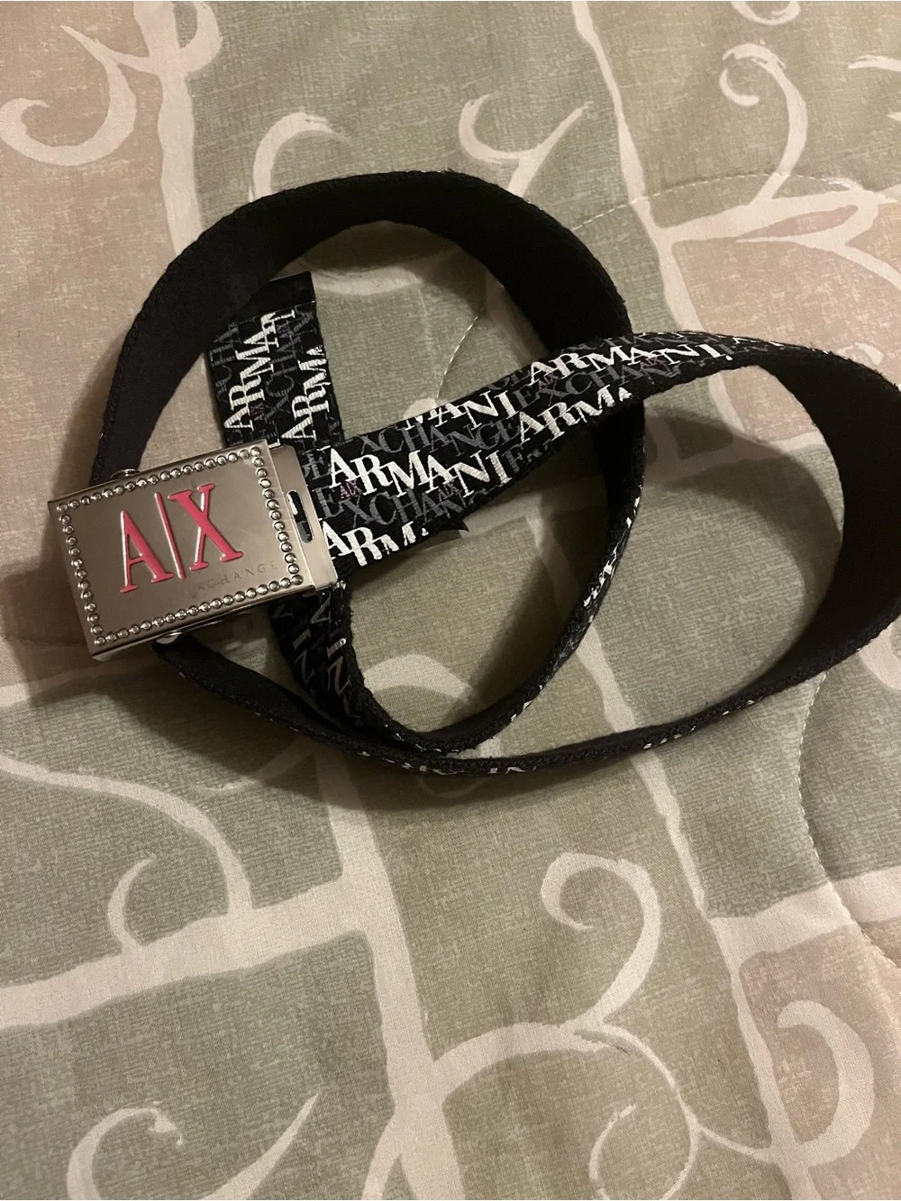 Armani Exchange Women’s Black Logo Webbed Belt Adjustable Silver Buckle Size M